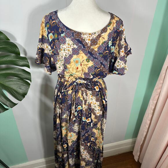 Abel The Label Boho Patchwork Maxi Dress Sz S Flutter Sleeve Wrap Look Rayon - Picture 4 of 16